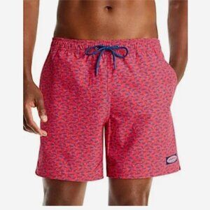 Vineyard Vines Mens Swim Trunks XL Coral Red Blue Fish Elastic Drawstring Shorts